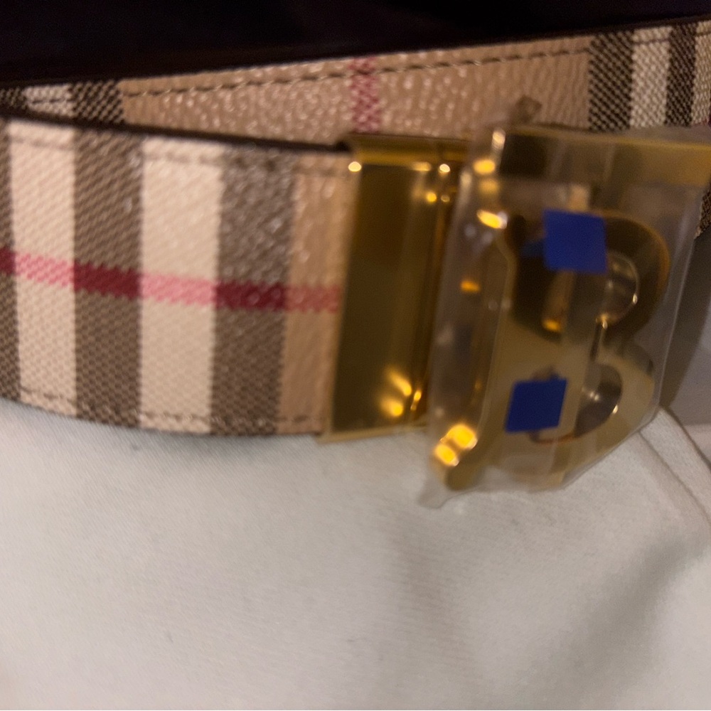 Burberry Tan and Red Plaid Belt with Gold Buckle